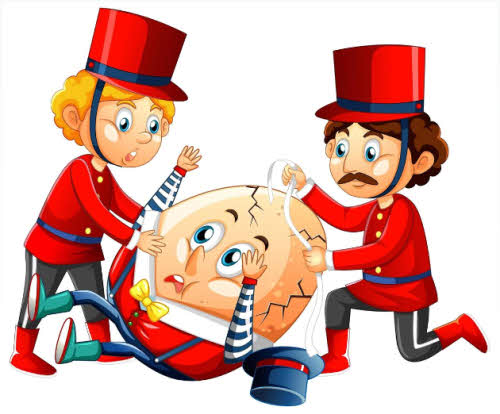 A cartoon of humpty dumpty being helped up by two soldiers