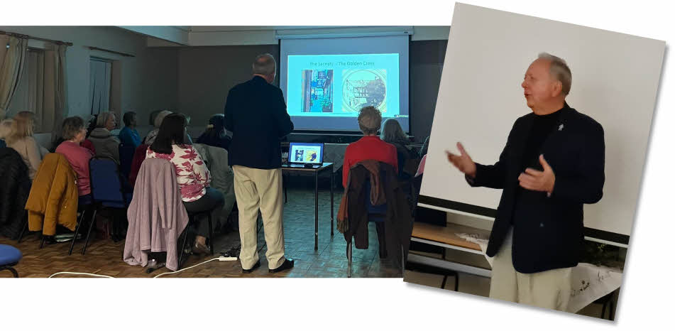 Two images, one showing our speaker and members from behind, with the screen at the front, and an overlay with our speaker facing us at the end of his talk